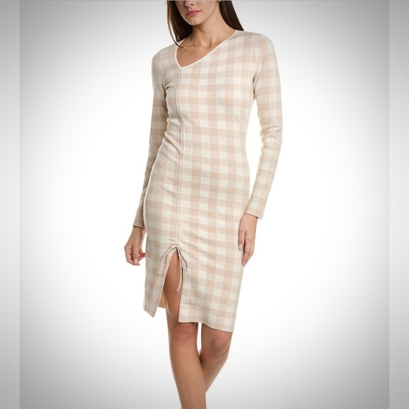 Naadam Knit Sweater Dress Small Beige Gingham Long Sleeve Bodycon Cashmere - Picture 1 of 8